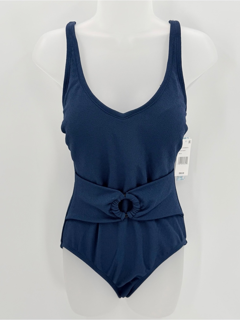 Into the Bleu Swimsuit Womens 8 Blue Belted One Piece Crepe Beach Classic NWOT